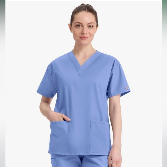 Dickies Tops - Dickies Women's Ceil Blue V-Neck Short Sleeve Scrub Uniform Top 0148
